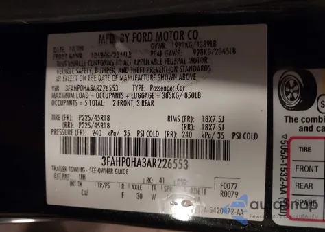 2010 Ford Fusion Se from USA, damaged, VIN 3FAHP0HA3AR226553